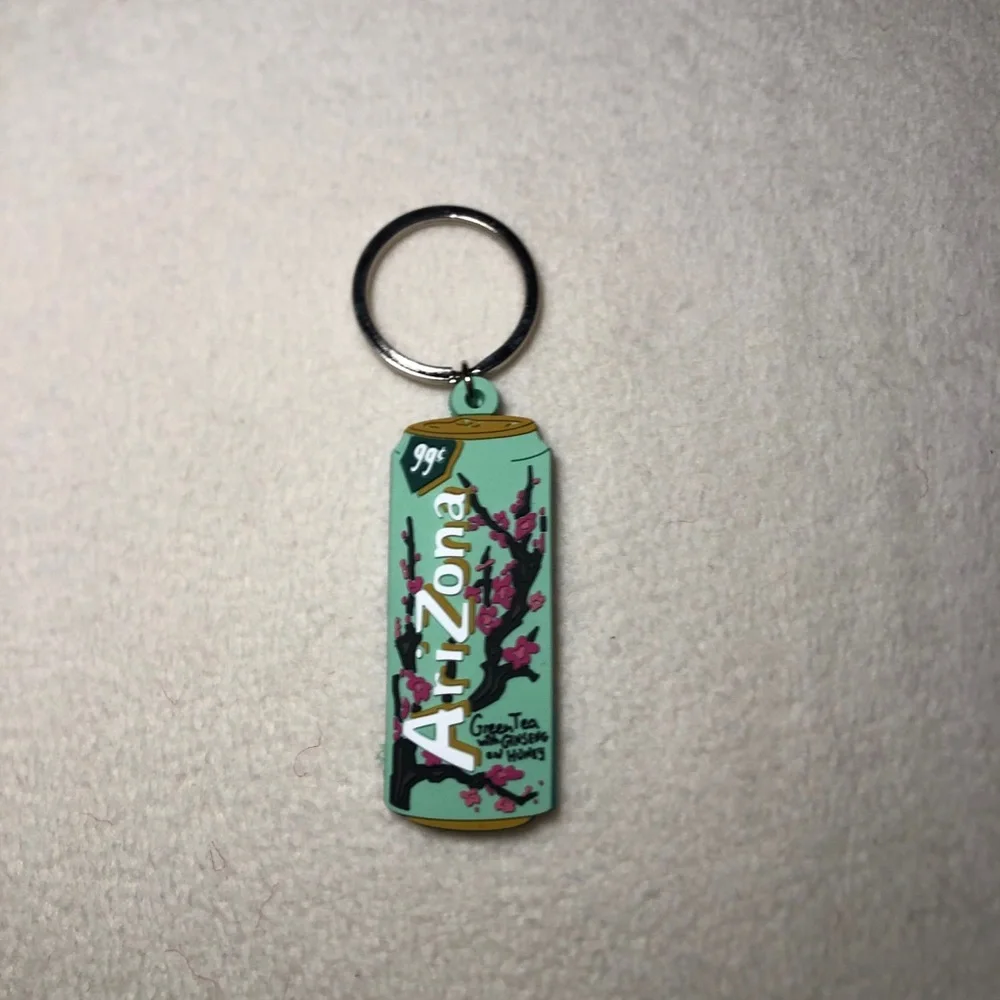 Arizona Iced Tea Can Green Tea Double sided Rubber Keychain Teal, Yellow & Pink